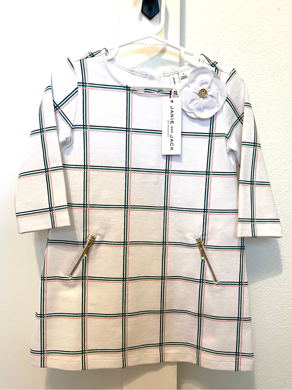 NWT Janie and Jack White Plaid Pocket Dress with Flower Accent (3T)